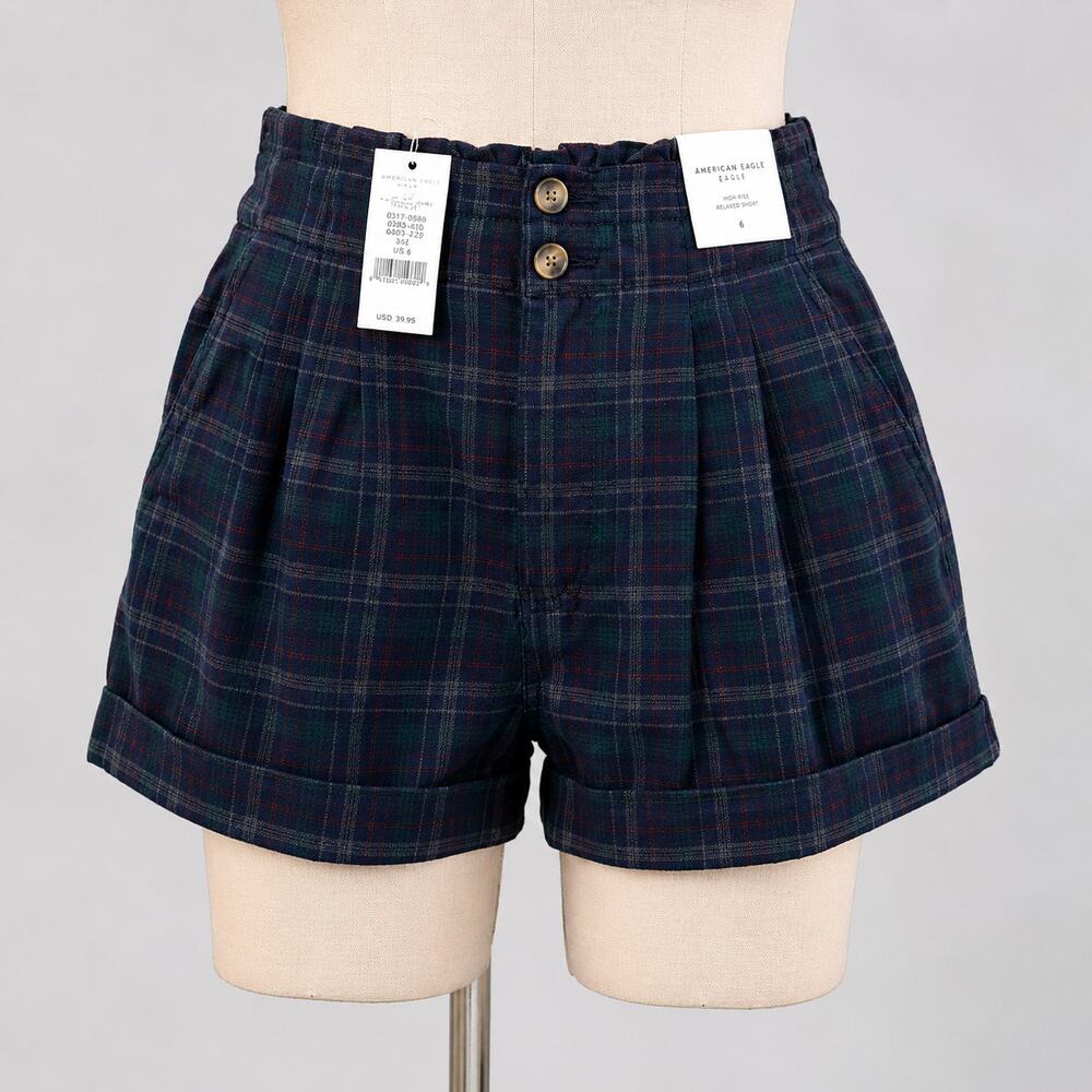 American Eagle Plaid Navy High Rise Shorts Women’s Size 6 NWT